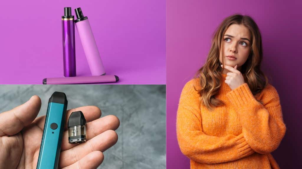 woman thinking about disposable or pod system vapes